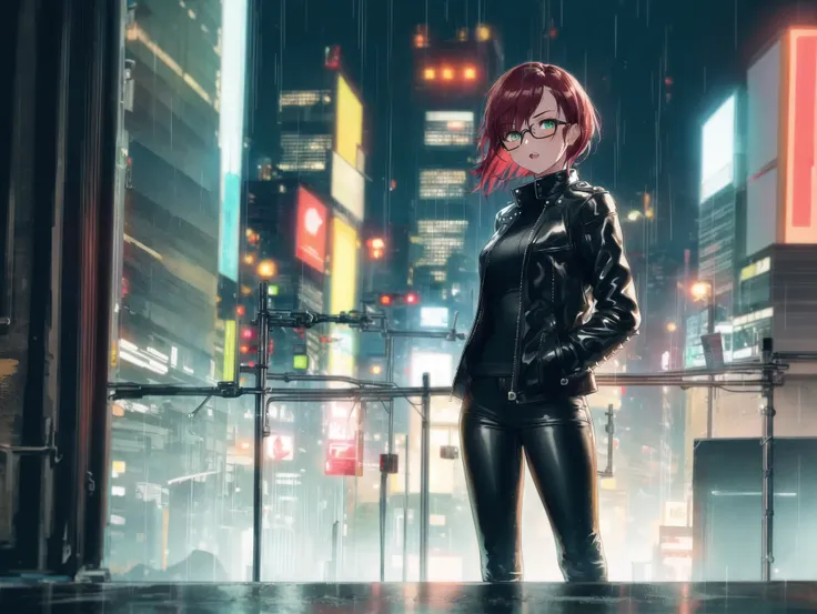 1 girl, Short spiky red hair, Fierce green eyes, sleek black leather jacket and pants, Standing on (rooftop), bustling city at night, bright lights, sleek black motorcycle, small breasts, (depth of field), cyberpunk, rain, wet, (very detailed background:1.0), (highly detailed background:1.0), masterpiece, best quality, (extremely detailed), intricate, hand in pocket, glasses,