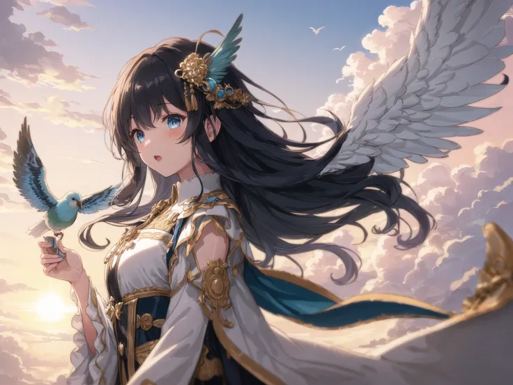 1 girl, Long curly blue hair with feathers hair ornament, sky-blue eyes, flowing, wearing iridescent bird-wing cloak, high above the clouds, holding bow, open sky with fluffy white clouds, sun shining down,, (very detailed background:1.0), (highly detailed background:1.0), masterpiece, best quality, (extremely detailed), intricate, (very detailed background:1.0), (highly detailed background:1.0), masterpiece, best quality, (extremely detailed), intricate