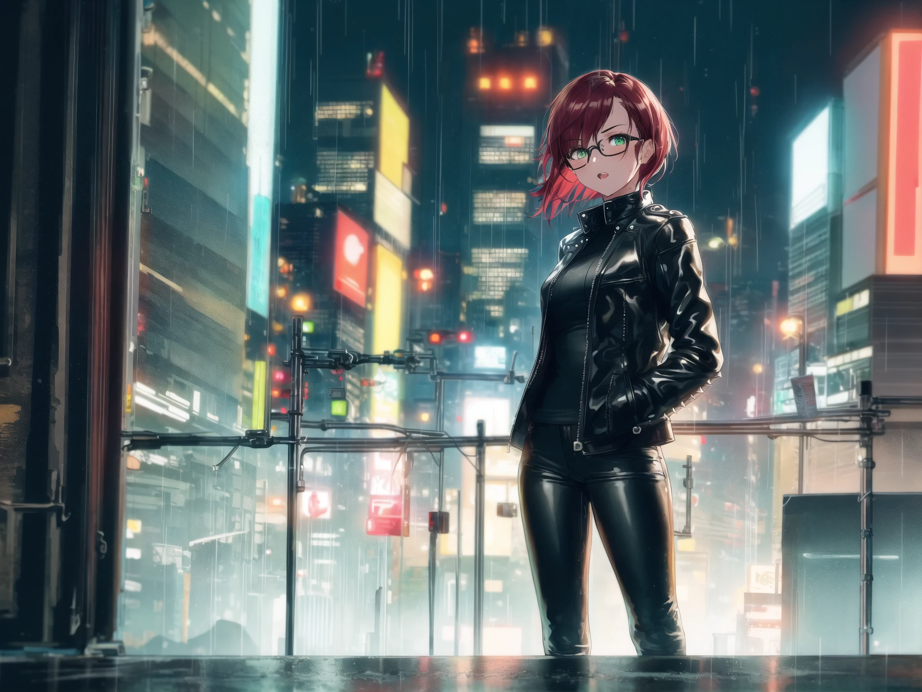 1 girl, Short spiky red hair, Fierce green eyes, sleek black leather jacket and pants, Standing on (rooftop), bustling city at night, bright lights, sleek black motorcycle, small breasts, (depth of field), cyberpunk, rain, wet, (very detailed background:1.0), (highly detailed background:1.0), masterpiece, best quality, (extremely detailed), intricate, hand in pocket, glasses,