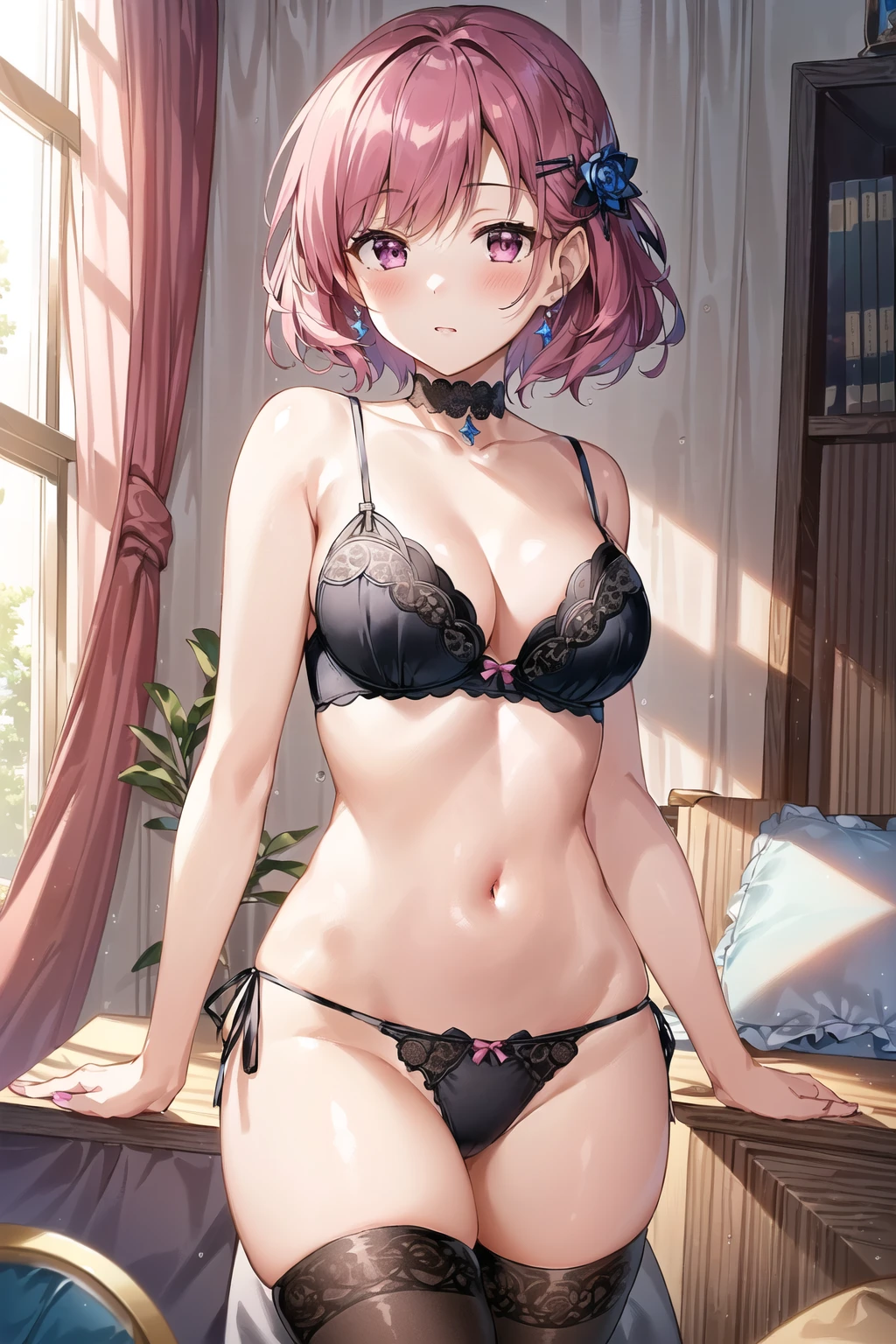 masterpiece, best quality, 1girl, (game cg), Perfect Anatomy, cute and adorable, (((beautiful young woman))), anime style, (((depth of field))), (highres), epic, (Beautiful), (Adorable), (Cute), (Detailed cute face), breathtaking, amazing, Great Composition, fantasy, (Extremely detailed CG 8k wallpaper), (((Beautiful detailed background))), elaborate features, ultra detailed, extra detailed, highly intricate, lens flare, ((short straight magenta hair)), sparkle, soft smile, laced eyelashes, girly and cute room, (((two-tone hair))), medium breasts, hair ornament, Detailed and intricate clothes, braid, curtains, window, desk, shelves, [wet skin], soft pillows, light blush, ((string panties)), ((lingerie)), laces, black choker, thighhighs, close-up