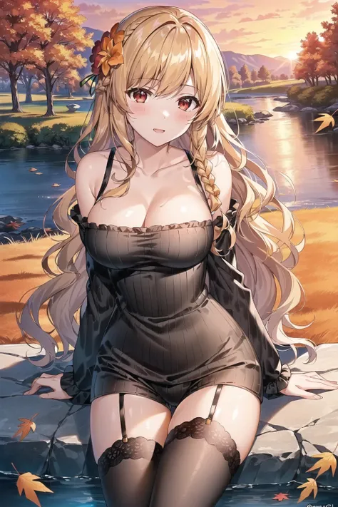 masterpiece, best quality, 1girl, (game cg), cinematic lighting, long beige hair, (((wavy hair))), red eyes, sweater with frills, black shorts, thighhighs, garter straps, (((hair flower))), breasts, ((braid)), sitting, ((river)), cleavage, countryside, bare shoulders, long sleeves, ((dawn)), (orange sky), autumn, ((falling leaves)), happy