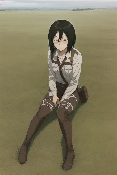 Masterpiece, best quality, 1girl, mikasa ackerman, attack on titan, grassland, sit on the ground, closed eyes