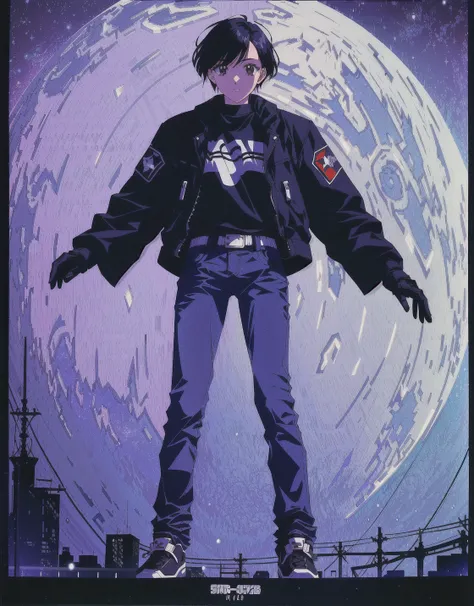 masterpiece, best quality, film grain, sharp focus, raytracing, retrowave city, starry sky with aurora, planets and nebula in the sky, palm trees <lora:1990sAnimeStyleLora_1:0.4>, cyberpunk, 1girl, biker jacket, jeans, short lack hair, black mech in the background, rule of thirds, perfect composition, <lora:muvLUVTSFConceptLora_v10:0.8>