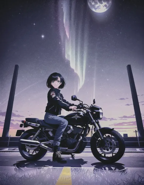 masterpiece, best quality, film grain,  sharp focus, raytracing, retrowave city,  starry sky with aurora, planets and nebula in the sky, palm trees <lora:1990sAnimeStyleLora_1:0.4>, cyberpunk, 1girl,  biker jacket, jeans,  motorcycle, serious expression, short black hair, rule of thirds, perfect composition