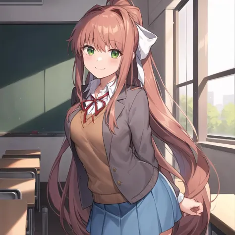2d, masterpiece, best quality, anime, highly detailed eyes, highly detailed face, highly detailed background, perfect lighting, cowboy shot, feet out of frame, 1girl, solo, classroom, school uniform, monika \(doki doki literature club\), doki doki literature club, brown hair, very long hair, white bow, hair bow, ponytail, green eyes, white shirt, blue skirt, brown sweater, grey vest, closed jacket, standing, (leaning forward:0.8), (arms behind back:1.2), smile <lora:monika:0.7>