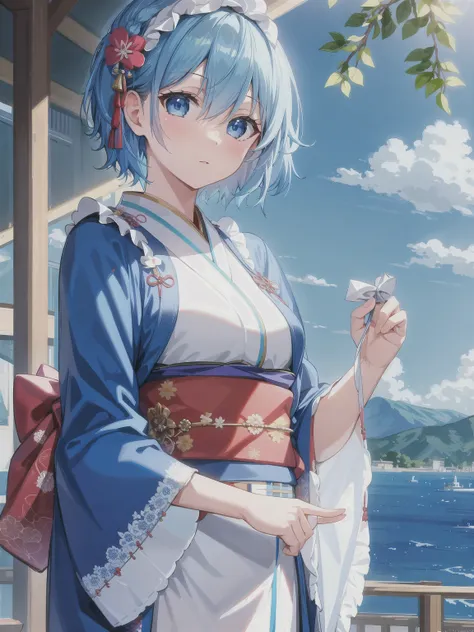 photo, masterpiece, best quality, wallpaper, 1girl, sky blue eyes, sky blue hair, short hair, hair accessories, kimono,