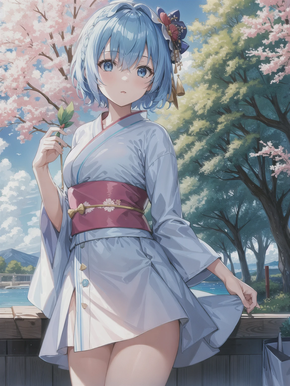 photo, masterpiece, best quality, wallpaper, 1girl, sky blue eyes, sky blue hair, short hair, hair accessories, kimono,