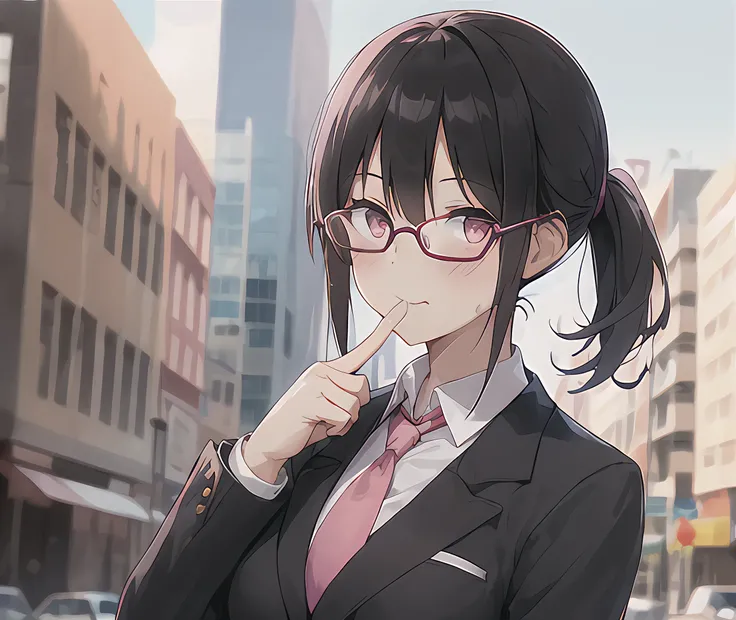 1girl, looking at viewer, pink tie, black pantsuits, short ponytail, black hair, black formal suit, medium breasts, glasses, pink eyes, outdoor, sun, on city