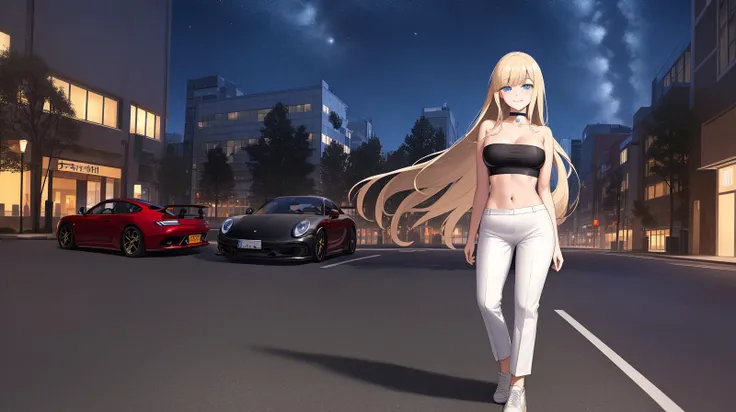 masterpiece, excellent quality, high quality, 1girl, looking at viewer, mature woman, full body, tall female, standing, beside of black car, car focus, (blond hair, bangs, very long hair:1.2), straight hair, eyelashes, cute face, detailed face, detailed eyes, eyelashes, blue eyes, confident smile, detailed lips, medium breasts, linea alba, navel, midriff, (choker, strapless, white tube top, white trousers, white sneakers:1.2), midnight, night time, night sky, stars, black porsche, tokyo, japan, intersection, skyscraper, buildings, shops, trees, bushes, (wind)