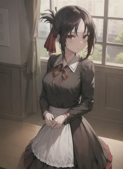 masterpiece, best quality, best anatomy, (epic detail), shuuchiin_academy_uniform, shinomiya_kaguya, red_ribbon, ribbon, school_uniform, dress, black_hair, solo, folded_ponytail, hair_ribbon, red_eyes, <lora:kaguyaSamaLoveIsWar_kaguyaV1:0.5>