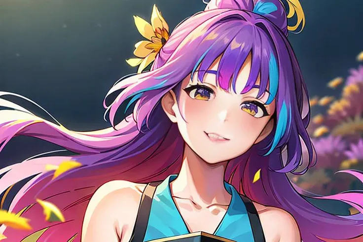 best quality, ultra high res, (realistic, photorealistic:1.2), a (smiling:1.4) 24-year-old Asian actress wearing elegant (wind blown:1.2) in a valley full with millions of (multi-color wild flowers:1.6), detailed face, (solo: 1.4), (wind blown:1.2) hair, (face lit:1.4) , <lora:hanfu_v28:0.5>,hanfu
