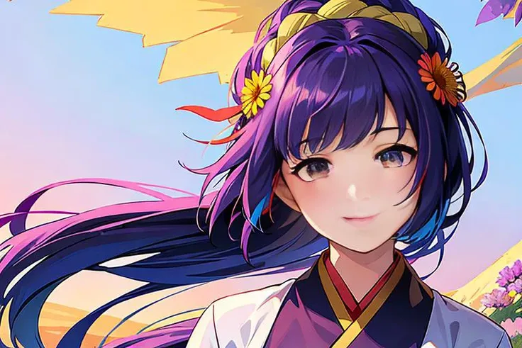 best quality, ultra high res, (realistic, photorealistic:1.2), a (smiling:1.4) 24-year-old Asian actress wearing elegant (wind blown:1.2) in a valley full with millions of (multi-color wild flowers:1.6), detailed face, (solo: 1.4), (wind blown:1.2) hair, (face lit:1.4) , <lora:hanfu_v28:0.5>,hanfu