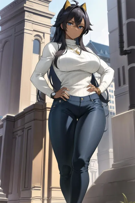 ((masterpiece, intricate details, illustration)), (1girl), ((muscular, buff, wide hips)), (dark skin), (large breasts), ((white sweater, blue skinny fit jeans, wristwatch)), solo, narrow eyes, standing, modern city background, architecture, evening, shadows, detailed, high resolution, full body, detailed hands, neutral expression, confident posture, right hand on hip, attractive, gorgeous, <lora:dehyaGenshinImpact_v2NAI:0.5>