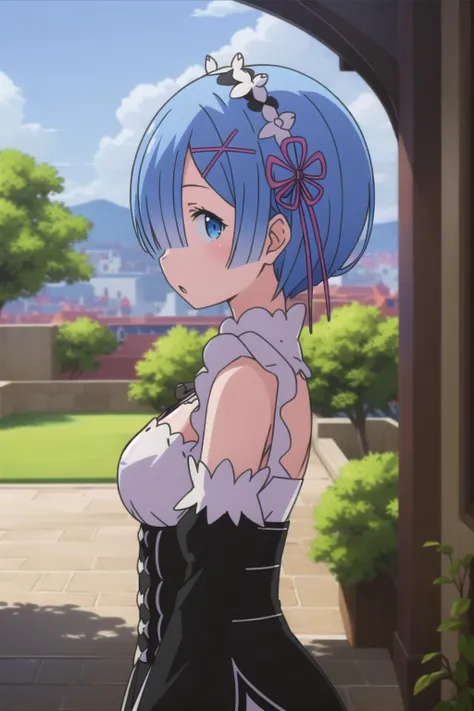 masterpiece, best quality, ultra-detailed, epic lighting, cinematic composition, <lora:RemV1:0.8> rem_\(re_zero\), hair over one eye, :o, (looking at viewer:1.1), from side, garden, (8k:1.1), <lora:boldline2:0.3>