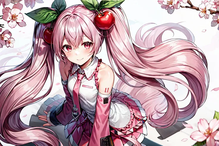 masterpiece, best quality, ultra-detailed, illustration, an extremely delicate and beautiful, (five fingers),
1girl, solo, light smile,
<lora:flat2:-0.2>,<lora:add_detail:0.5>,<lora:hipoly_3dcg_v7-epoch:0.3:NF>,<lora:epi_noiseoffset2:1>,
<lora:Sakura_Miku:1>,Sakura Miku,cherry,cherry blossoms,cherry_ornament,food-themed ornament,cherry_blossom print,shiny hair,cute,kawaii,fancy shot,Pink theme,white_pantyhose,pink tie,pink necktie,necktie,pleated skirt,pink sleeves,detached sleeves, wide sleeves,light pink hair,pink eyes,twintails,pink skirt,
cherry blossom festival,from above,