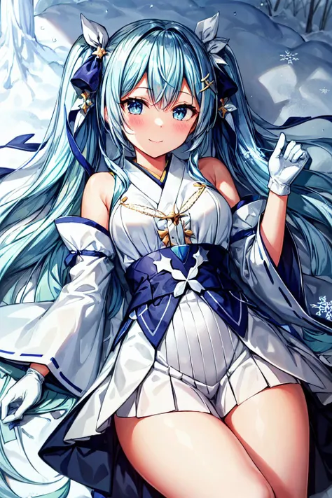 masterpiece,high resolution,detailed, best quality, ultra-detailed, illustration, an extremely delicate and beautiful,
1girl, solo, light smile,
<lora:add_detail:0.6>,<lora:epi_noiseoffset2:1.5>,
<lora:Yuki_miku:1>,Yuki Miku, blue hair, blue eyes,detached sleeves,snow,snowflakes,very long hair,Yuki Miku \(2021\),white collar,gem,twintails,frills,pleated skirt,jewelry,wide sleeves,hair ribbon,bare shoulders ,long sleeves,Japanese clothes,snowflake print,gloves ,white gloves ,blue dress,
horizon,sky,cloud.sunlight,day,(snow),(winter),((reclining))