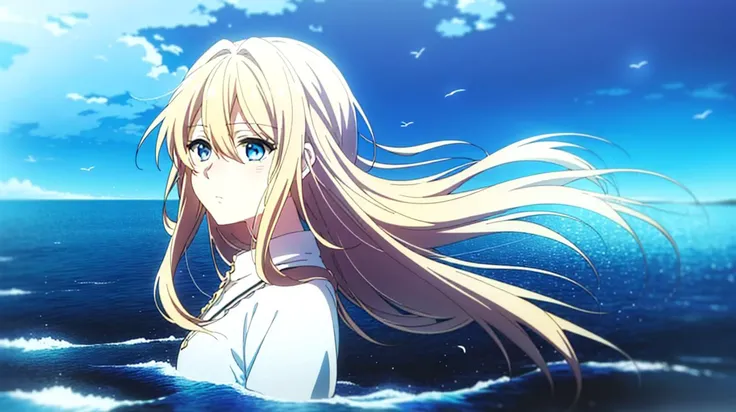 1girl,(high quality:1.4), (masterpiece:1.4), blonde hair,long hair, blue eyes,looking at viewer, <lora:tangbohu-detailmaker_v2.5:0>, <lora:violet_evergarden_offset:1>,violet evergarden, middle on water,