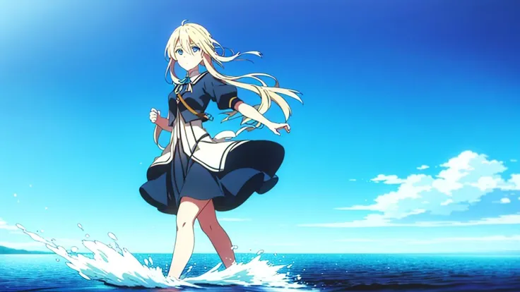 1girl,(high quality:1.4), (masterpiece:1.4), blonde hair,long hair, blue eyes,looking at viewer, <lora:tangbohu-detailmaker_v2.5:0>, <lora:violet_evergarden_offset:1>,violet evergarden,running, middle on water,