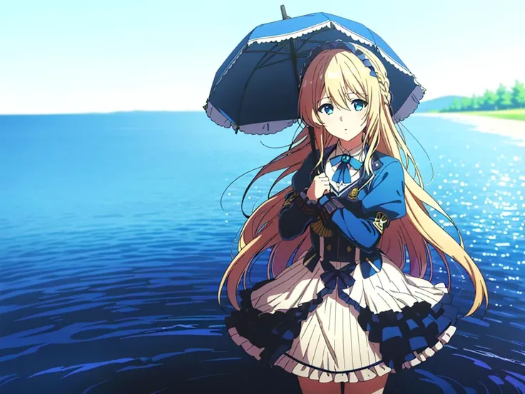 1girl,(high quality:1.4), (masterpiece:1.4), cute & girly \(idolmaster\), blonde hair,long hair, blue eyes,looking at viewer, <lora:tangbohu-detailmaker_v2.5:0>, <lora:violet_evergarden_offset:1>,violet evergarden,holding umbrella,