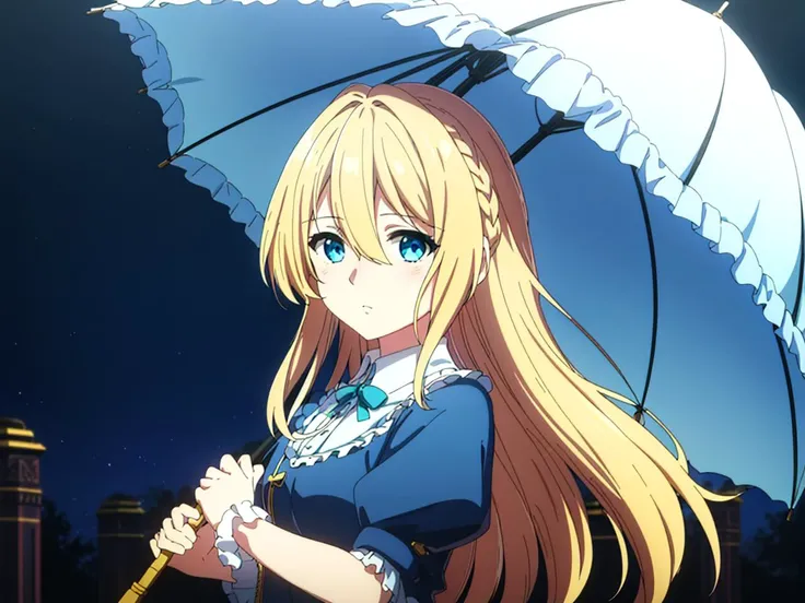 1girl,(high quality:1.4), (masterpiece:1.4), cute & girly \(idolmaster\), blonde hair,long hair,  blue eyes,looking at viewer,  <lora:tangbohu-detailmaker_v2.5:0>, <lora:violet_evergarden_offset:1>,violet evergarden,holding umbrella,
