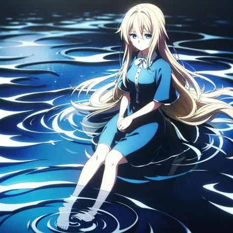 1girl,(high quality:1.4), (masterpiece:1.4), blonde hair,long hair,  blue eyes,looking at viewer,  <lora:tangbohu-detailmaker_v2.5:0>, <lora:violet_evergarden_offset:1>,violet evergarden,sitting,  middle on water,