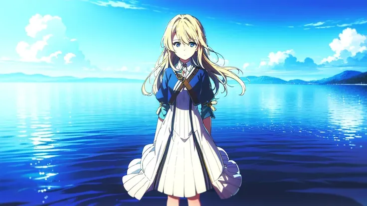 1girl,(high quality:1.4), (masterpiece:1.4), blonde hair,long hair, blue eyes,looking at viewer, <lora:tangbohu-detailmaker_v2.5:0>, <lora:violet_evergarden_offset:1>,violet evergarden,standing, middle on water,