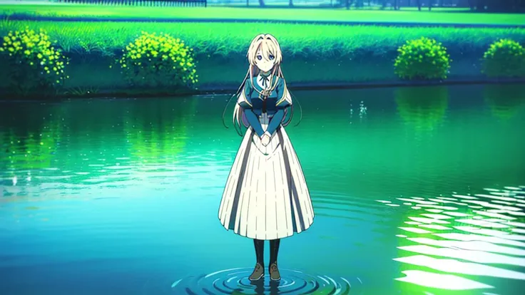 1girl,(high quality:1.4), (masterpiece:1.4), blonde hair,long hair, blue eyes,looking at viewer, <lora:tangbohu-detailmaker_v2.5:0>, <lora:violet_evergarden_offset:1>,violet evergarden,standing, middle on water,