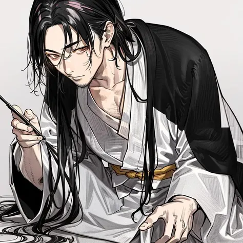 masterpiece, 1boy, vagabond_style, <lora:vagabond-30:0.6>, male focus,monochrome, closeup, japanese clothes, long hair, white kimono