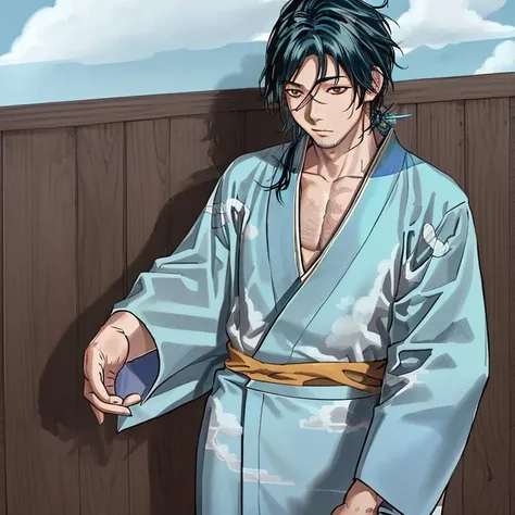 masterpiece, 1boy, vagabond_style, <lora:vagabond-30:0.6>, male focus, closeup, japanese clothes, long hair, (lightblue kimono with cloud pattern:1.5)