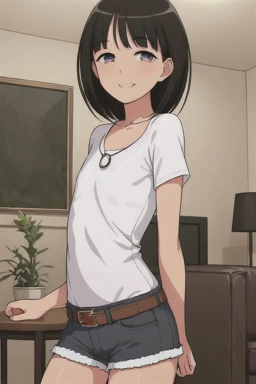 masterpiece, best quality, detailed face, detailed eyes, <lora:HUTheo:0.5>, black hair, medium hair, smile, standing, contrapposto, 1boy, HUTheo, denim shorts, white shirt, belt, indoors, living room, flat chest, arms behind back, from behind,
