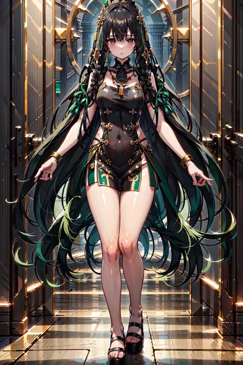 qu,multicolored hair,black and green hair,long hair,hair ornament,tiara,chinese clothes,long sleeves,bracelet,necklace,ribbon,black footwear, full body, highres, looking at viewer,blush, thighhighs, medium breasts, indoors,