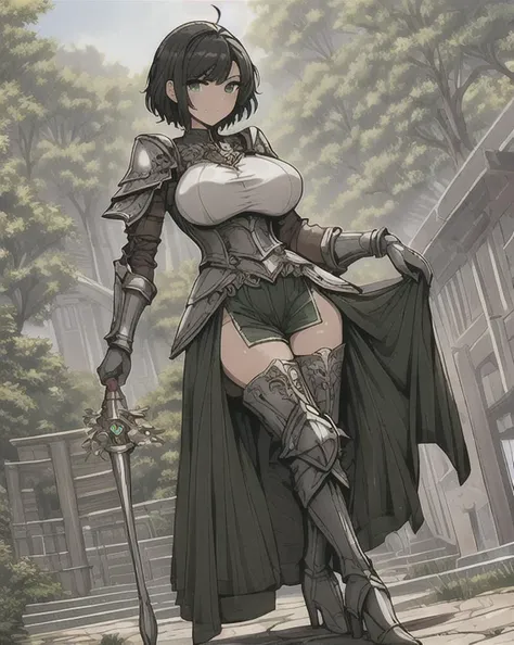 masterpiece, best quality, detailed eyes, detailed face,
<lora:HUCharlotte:0.5>, HUCharlotte, tinted skin, large breasts, short hair, black hair, green eyes, curvy, gentle smile, standing
<lora:fantasy_20230707233406-000012:0.8>, Fantsay, outdoors, armored bodice, (silver), green highlights, short kilt, side slit, thight pants, thigh-high boots, small heel, low heel