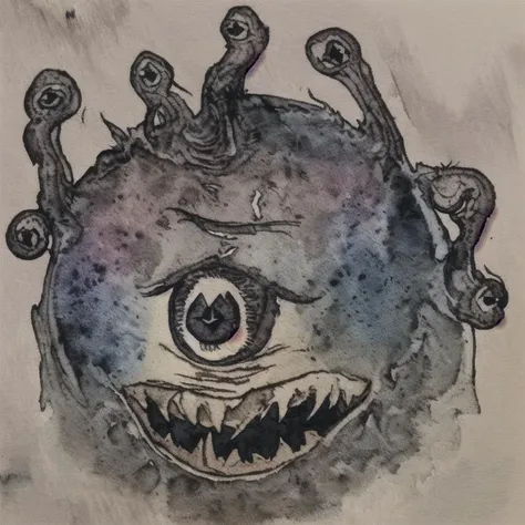 watercolor, noise, faded, simple background, classic advanced dungeons and dragons, <lora:SDXL_Kr355e_v1:1>
inkdrawing of a beholder with a body shaped like a diamond with multiple eye stalks and sharp teeth,
 <lora:BeholderLora:1>