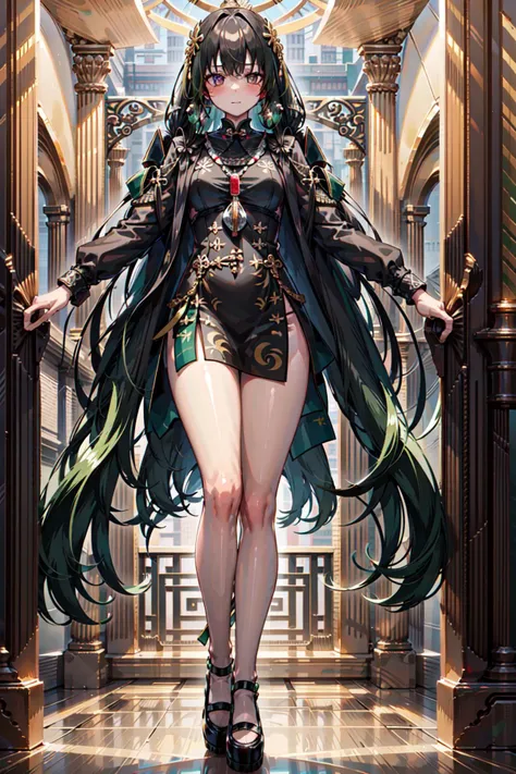 qu,multicolored hair,black and green hair,long hair,hair ornament,tiara,chinese clothes,long sleeves,bracelet,necklace,ribbon,black footwear, full body, highres, looking at viewer,blush, black legwear, medium breasts, indoors,