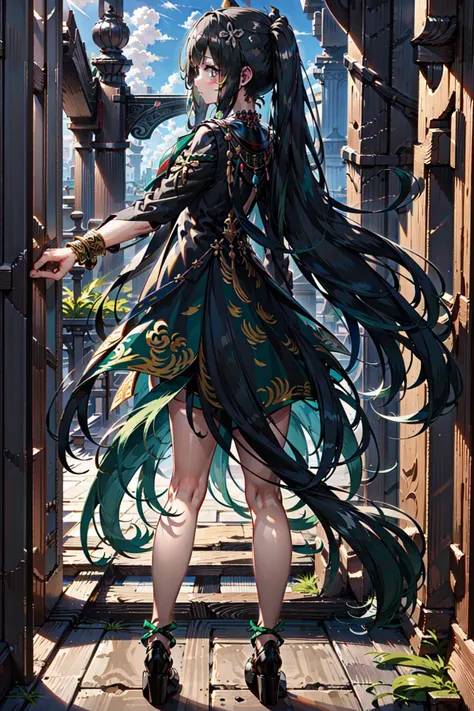 qu,multicolored hair,black and green hair,long hair,hair ornament,tiara,chinese clothes,long sleeves,bracelet,necklace,ribbon,black footwear, full body, highres,from behind, ass,indoors,sunlight,looking back,