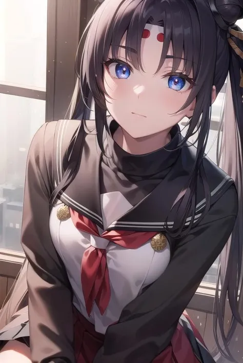 ushiwakamaru, <lora:ushiwakamaru-lora-nochekaiser:1>, 
ushiwakamaru, black hair, blue eyes, long hair, side ponytail, sidelocks, parted bangs, (small breast:1.2), hair bun, single bun, side bun,
BREAK school uniform, skirt, serafuku, pleated skirt,
BREAK looking at viewer,
BREAK indoors, classroom,
BREAK <lyco:GoodHands-beta2:1>, (masterpiece:1.2), best quality, high resolution, unity 8k wallpaper, (illustration:0.8), (beautiful detailed eyes:1.6), extremely detailed face, perfect lighting, extremely detailed CG, (perfect hands, perfect anatomy),