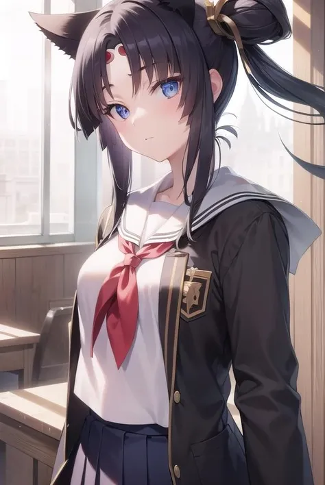 ushiwakamaru, <lora:ushiwakamaru-lora-nochekaiser:1>,
ushiwakamaru, black hair, blue eyes, long hair, side ponytail, sidelocks, parted bangs, (small breast:1.2), hair bun, single bun, side bun,
BREAK school uniform, skirt, serafuku, pleated skirt,
BREAK looking at viewer,
BREAK indoors, classroom,
BREAK <lyco:GoodHands-beta2:1>, (masterpiece:1.2), best quality, high resolution, unity 8k wallpaper, (illustration:0.8), (beautiful detailed eyes:1.6), extremely detailed face, perfect lighting, extremely detailed CG, (perfect hands, perfect anatomy),