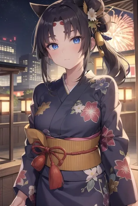 (One personの女性)), Beautiful Face, (Laughing embarrassedly), (face only), ((Wink:2.0)),  Laugh with your mouth wide open,((Bright red cheeks:1.4)),Shiny red lips, night,rooftop,Festivals, firework,Glossy red lips,Facial lighting,((Anime style background)),masterpiece, Highest quality, so beautiful,up to date, Complex details, (Pink long nails), (ring),(bracelet),(choker),AI-generated, Complex,High resolution, Highest quality, super high quality,3D Images、3D Images,One person,Long white hair in a high ponytail,(blue eyes),  ((Fine grain、Silvery white colorful eyes、Shining Eyes:1.4)), (Squint your eyes:1.1), 写真のポーズをとるAnime Women, a hyperRealistic , hyperRealistic , Realistic,Anime Women, Smooth anime CG art, A woman in a colorful kimono with gold embroidery, (Black long sleeve kimono), Red floral pattern,Long flower hair ornament,Earrings,Mature Body,(Big Breasts:1.1),Tall,Abdominal muscles,Narrow waist,(Zoom in on face:1.7),