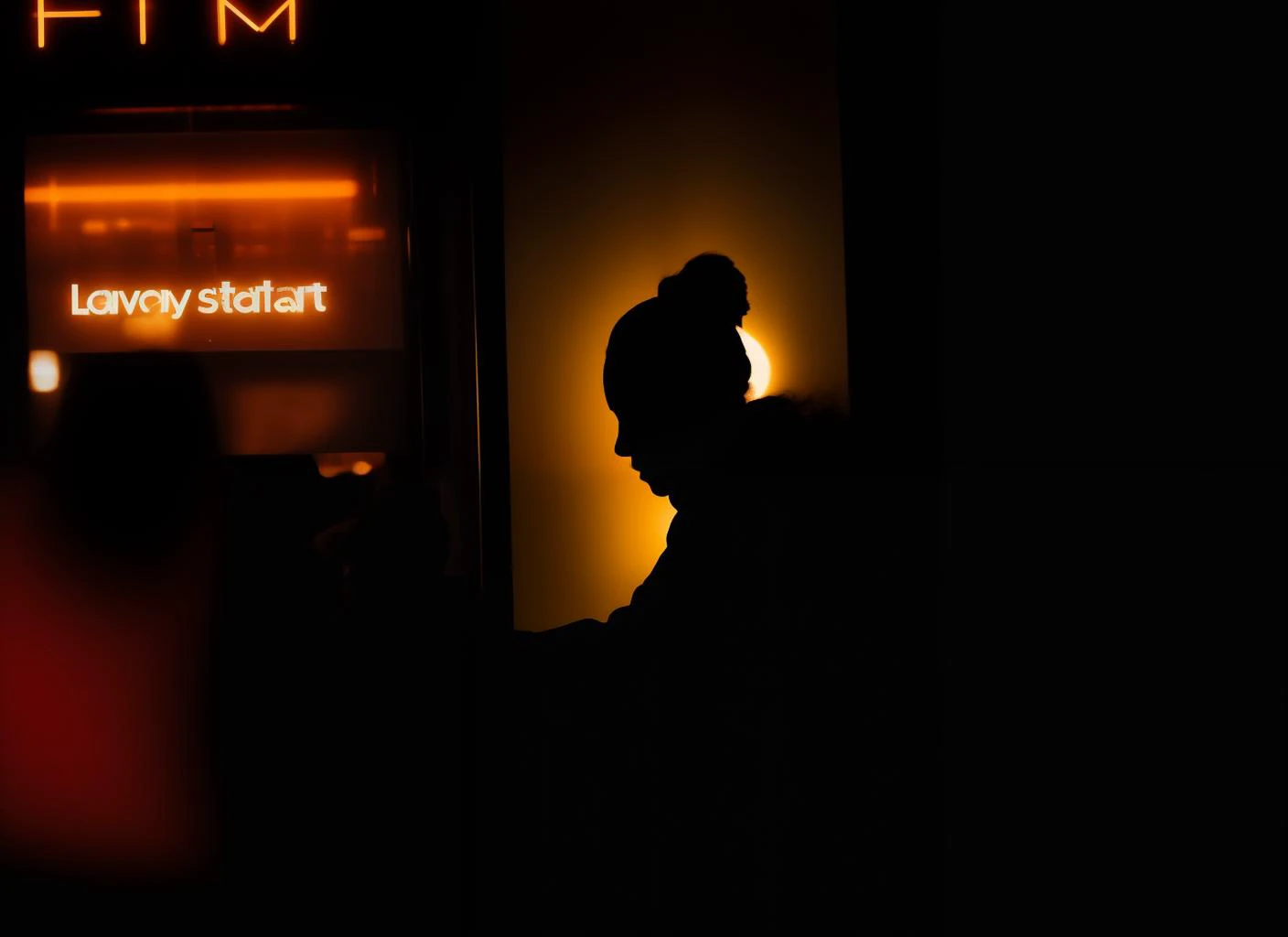 (shaded:0.75) street photo of a woman silhouette, closeup, orange fabric folds, long hair, high fashion, by midday, blue (((sky))), paris street cafe, film photo, flashlight, strobe flash, kodak portra 400