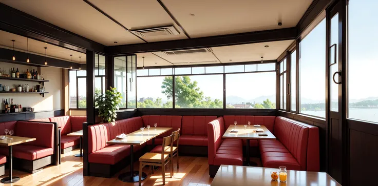 restaurant, modernism, hyper-realistic design, cooked food, sofa, open view, interior design, digital, illustration, architecture, home, peaceful, beautiful, cozy.