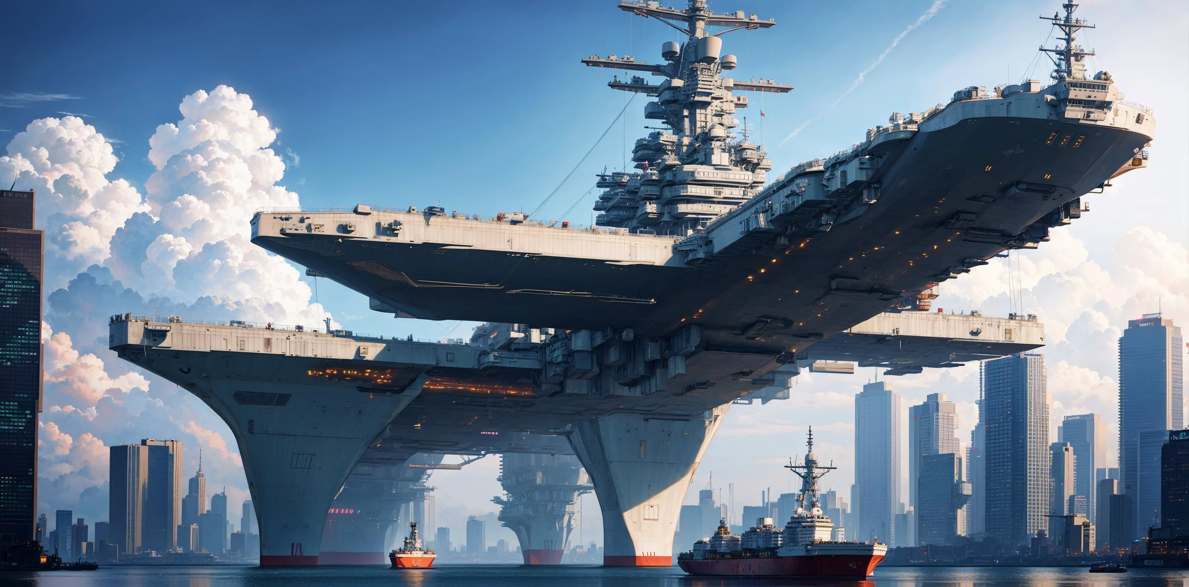 Aircraft carrier floating in the sky, future, cyberpunk style,highest quality
