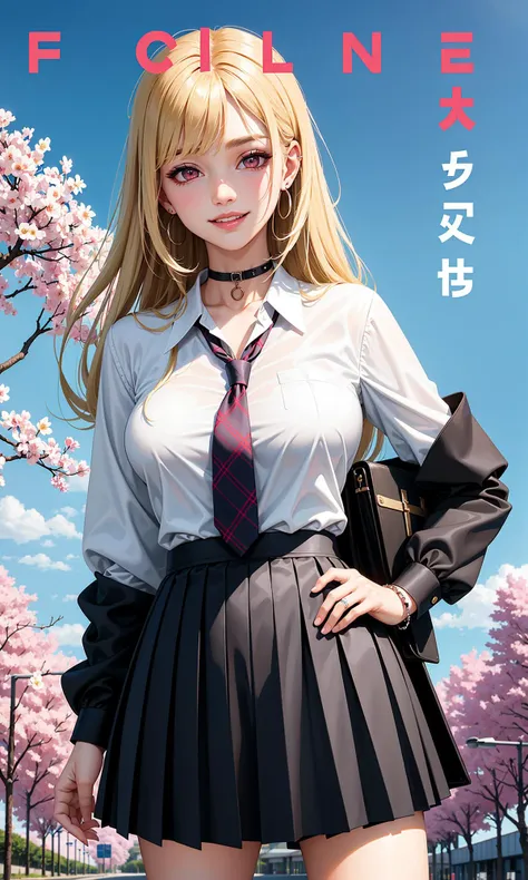 masterpiece, best quality, full body, 1girl, bangs, black choker, black necktie, blonde hair, blue skirt, blush, bracelet, breasts, choker, clothes around waist, collarbone, collared shirt, cowboy shot, dress shirt, ear piercing, eyebrows visible through hair, gradient hair, grin, gyaru, jewelry, kogal, long hair, looking at viewer, loose necktie, necktie, piercing, plaid, plaid skirt, pleated skirt, red eyes, ring, school uniform, shirt, skirt, smile, solo, white shirt, street, sky, cherry blossoms, petals,illustration, (magazine:1.3), (cover-style:1.3), fashionable, woman, vibrant, outfit, posing, front, colorful, dynamic, background, elements, confident, expression, holding, statement, accessory, majestic, coiled, around, touch, scene, text, cover, bold, attention-grabbing, title, stylish, font, catchy, headline, larger, striking, modern, trendy, focus, fashion,