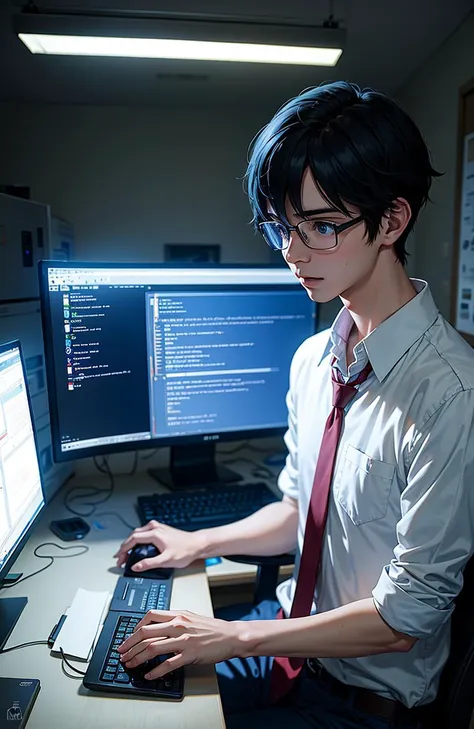 a nerdy boy is programming at a computer in a room full of gadgets, by makoto shinkai and ghibli studio, dramatic lighting, highly detailed, incredible quality