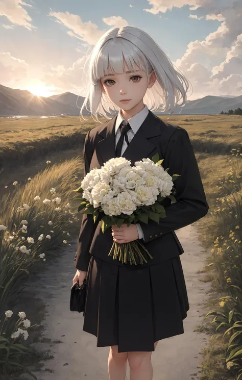 photorealistic,((best quality)),(masterpiece),(ultra detailed),(ultra high res),(facing viewer),((dusk)),Depth of Field,pov,tussock,overgrown,cloud sky,(dark sky),((backlighting)),(wind),1girl,looking at viewer,full body,(holding bouquet),(school uniform),(white hair),(black eyes),(medium hair),(bowl cut),light smile,HDR,high contrast