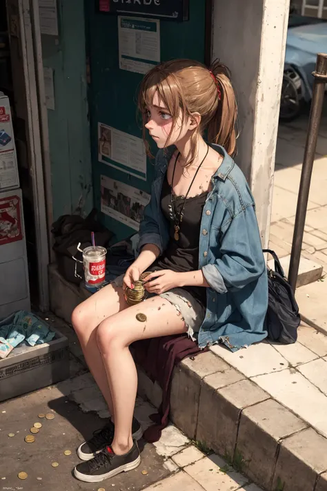 A young girl sits on the side of the street, her dirty clothes barely covering her thin frame. She holds out a small cup with a few coins in it, hoping for the generosity of passersby. Her eyes are downcast, filled with sadness and desperation. She looks around nervously, avoiding eye contact with those who walk by. The city bustles around her, but she remains isolated and alone in her poverty. dirty torn clothes