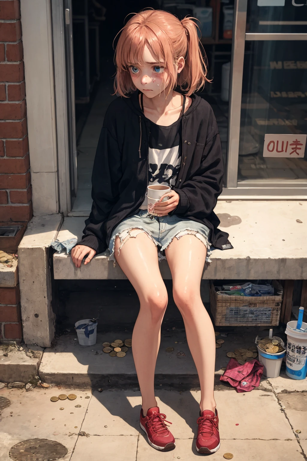 A young girl sits on the side of the street, her dirty clothes barely covering her thin frame. She holds out a small cup with a few coins in it, hoping for the generosity of passersby. Her eyes are downcast, filled with sadness and desperation. She looks around nervously, avoiding eye contact with those who walk by. The city bustles around her, but she remains isolated and alone in her poverty. dirty torn clothes , single cup, malnourished and cripple