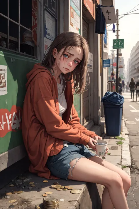 A young girl sits on the side of the street, her dirty clothes barely covering her thin frame. She holds out a small cup with a few coins in it, hoping for the generosity of passersby. Her eyes are downcast, filled with sadness and desperation. She looks around nervously, avoiding eye contact with those who walk by. The city bustles around her, but she remains isolated and alone in her poverty. dirty torn clothes ,  single cup, malnourished