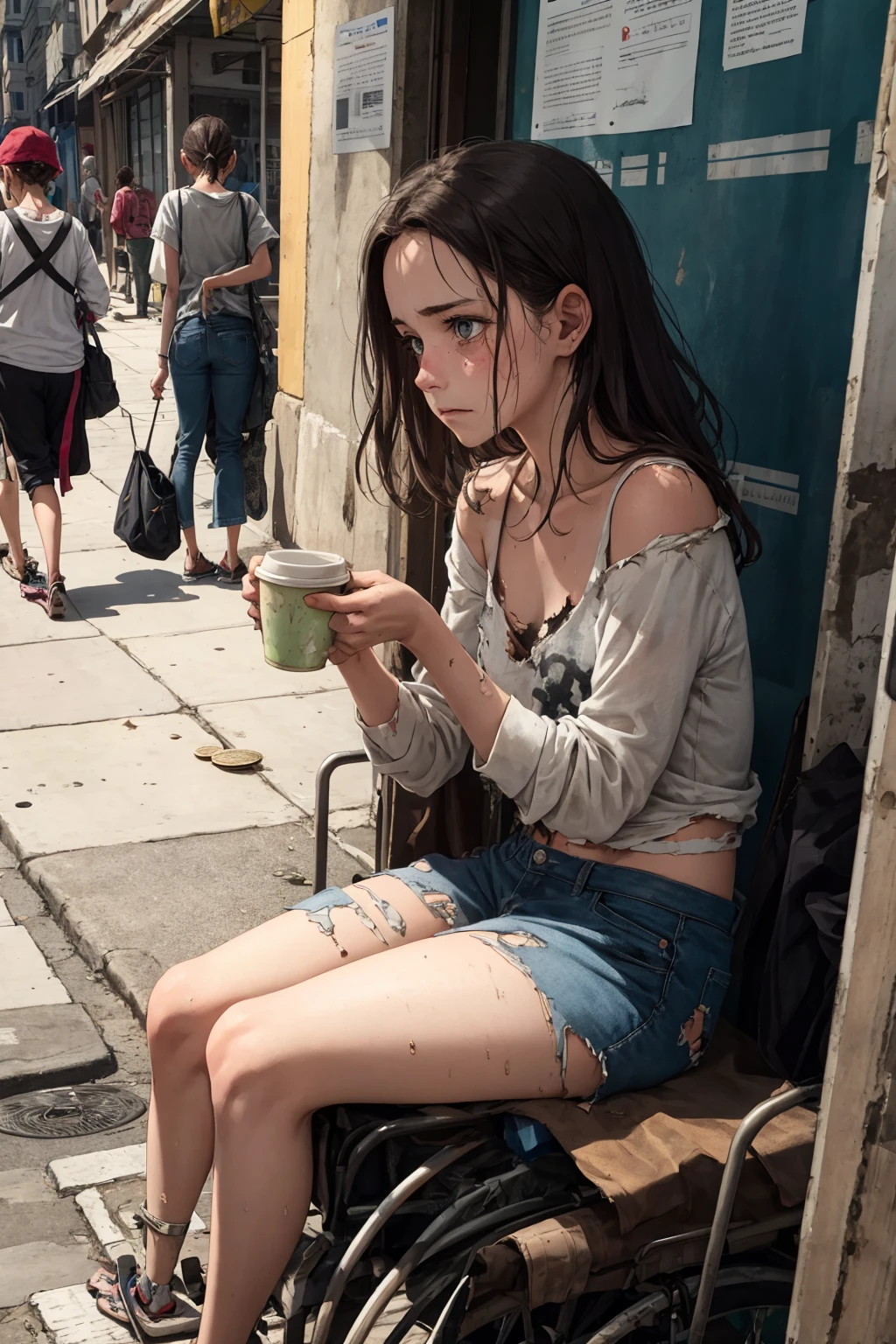 A young girl sits on the side of the street, her dirty clothes barely covering her thin frame. She holds out a small cup with a few coins in it, hoping for the generosity of passersby. Her eyes are downcast, filled with sadness and desperation. She looks around nervously, avoiding eye contact with those who walk by. The city bustles around her, but she remains isolated and alone in her poverty. dirty torn clothes , single cup, malnourished, crippled and disabled ,