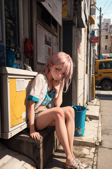 A young girl sits on the side of the street, her dirty clothes barely covering her thin frame. She holds out a small cup with a few coins in it, hoping for the generosity of passersby. Her eyes are downcast, filled with sadness and desperation. She looks around nervously, avoiding eye contact with those who walk by. The city bustles around her, but she remains isolated and alone in her poverty.