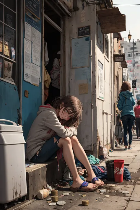 A young girl sits on the side of the street, her dirty clothes barely covering her thin frame. She holds out a small cup with a few coins in it, hoping for the generosity of passersby. Her eyes are downcast, filled with sadness and desperation. She looks around nervously, avoiding eye contact with those who walk by. The city bustles around her, but she remains isolated and alone in her poverty. dirty torn clothes ,  single cup, malnourished, crippled and disabled ,